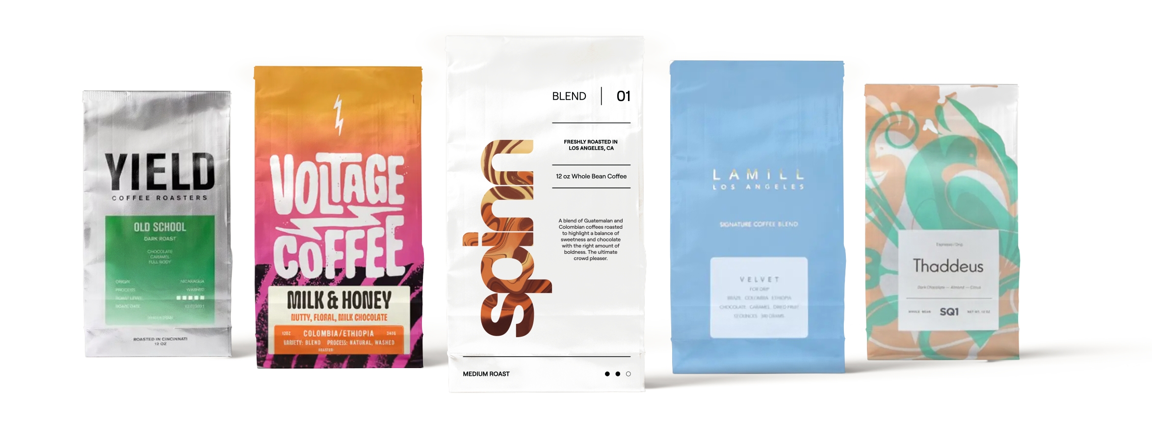 Coffee bags representing a variety of roasts in the Spinn coffee market