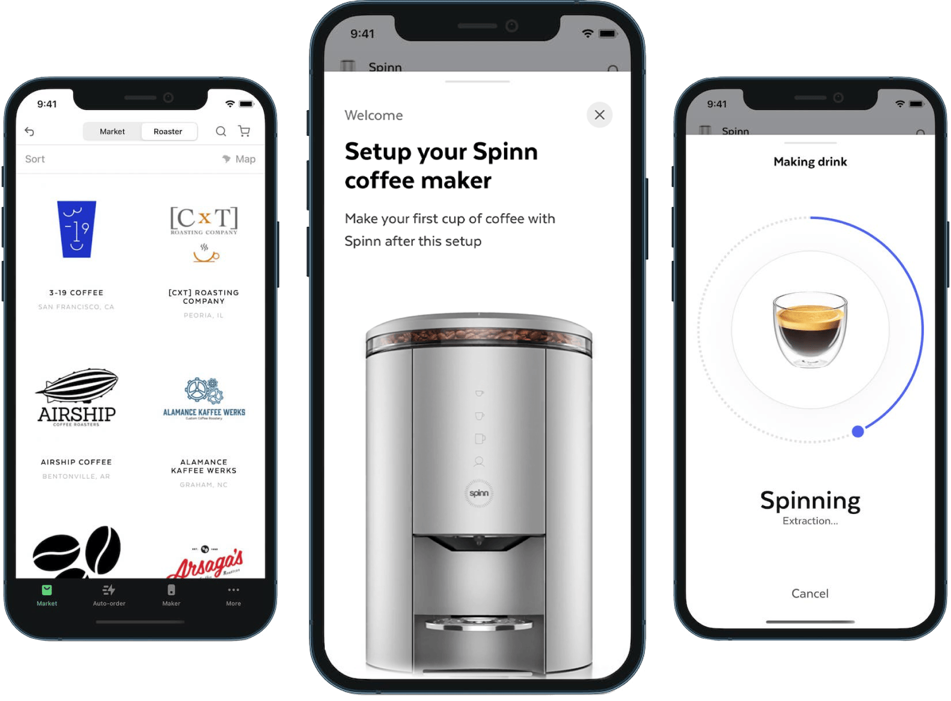 Spinn app screens showing brewing process and coffee roasters